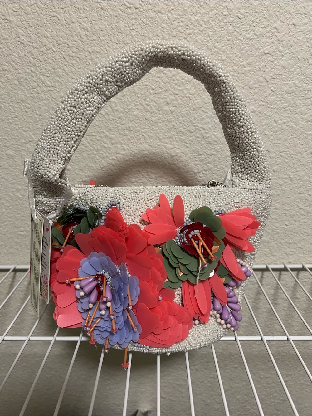 Beaded White Mini Bag with Pink & Purple Floral Appliqués